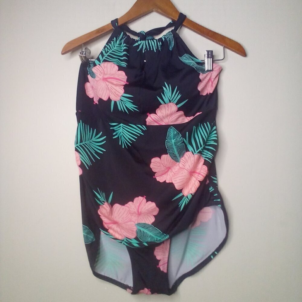 Crane Swimsuit Women XL One Piece Halter Floral Tropical Black Green Pink